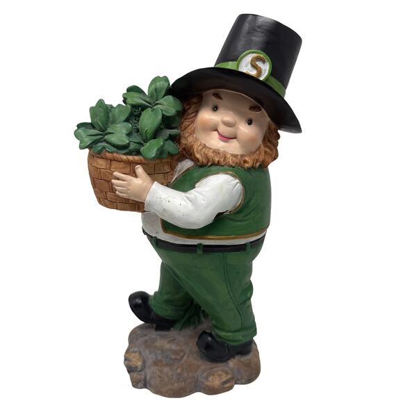 St. Patrick’s Day Leprechaun Statue w/ Shamrocks Garden Lawn Decor 12” - Picture 2 of 8